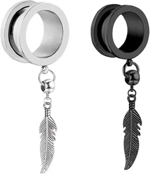 Ear Plugs, 2PCS Stainless Steel Ear Gauges Hollow Round with Plume Dangle Gauges Tunnels Ear Piercing Jewelry