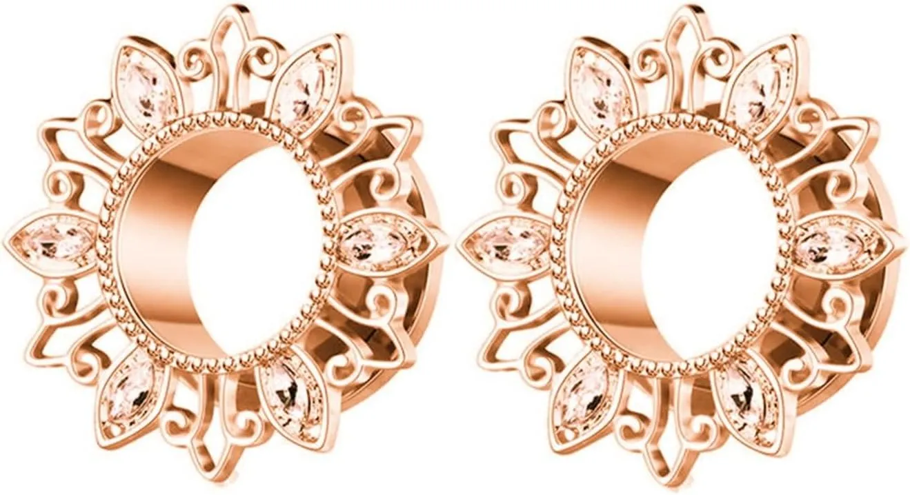 Ear Tunnels, 2PCS Stainless Steel Tunnels For Ears 6mm-16mm Flower With Cubic Zirconia Ear Gauges 00G Ear Piercing Jewelry