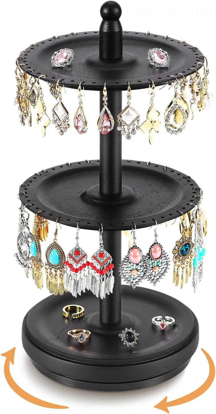 Earring Holder Organizer, Rotating Solid Wood Earring Organizer Stand for Women Girls, 3-Tier Jewelry Holder Tree With 102 Holes for Display, Gifts for Her (Black)