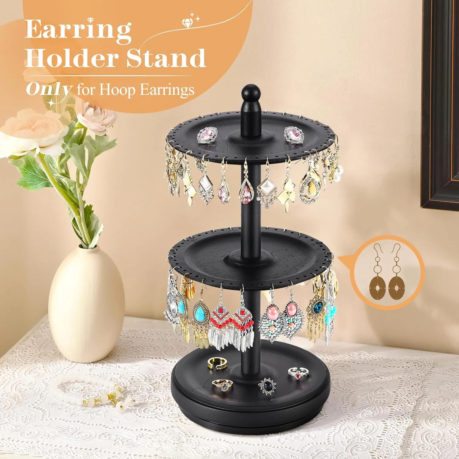 Earring Holder Organizer, Rotating Solid Wood Earring Organizer Stand for Women Girls, 3-Tier Jewelry Holder Tree With 102 Holes for Display, Gifts for Her (Black)