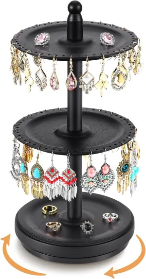 Earring Holder Organizer, Rotating Solid Wood Earring Organizer Stand for Women Girls, 3-Tier Jewelry Holder Tree With 102 Holes for Display, Gifts for Her (Black)