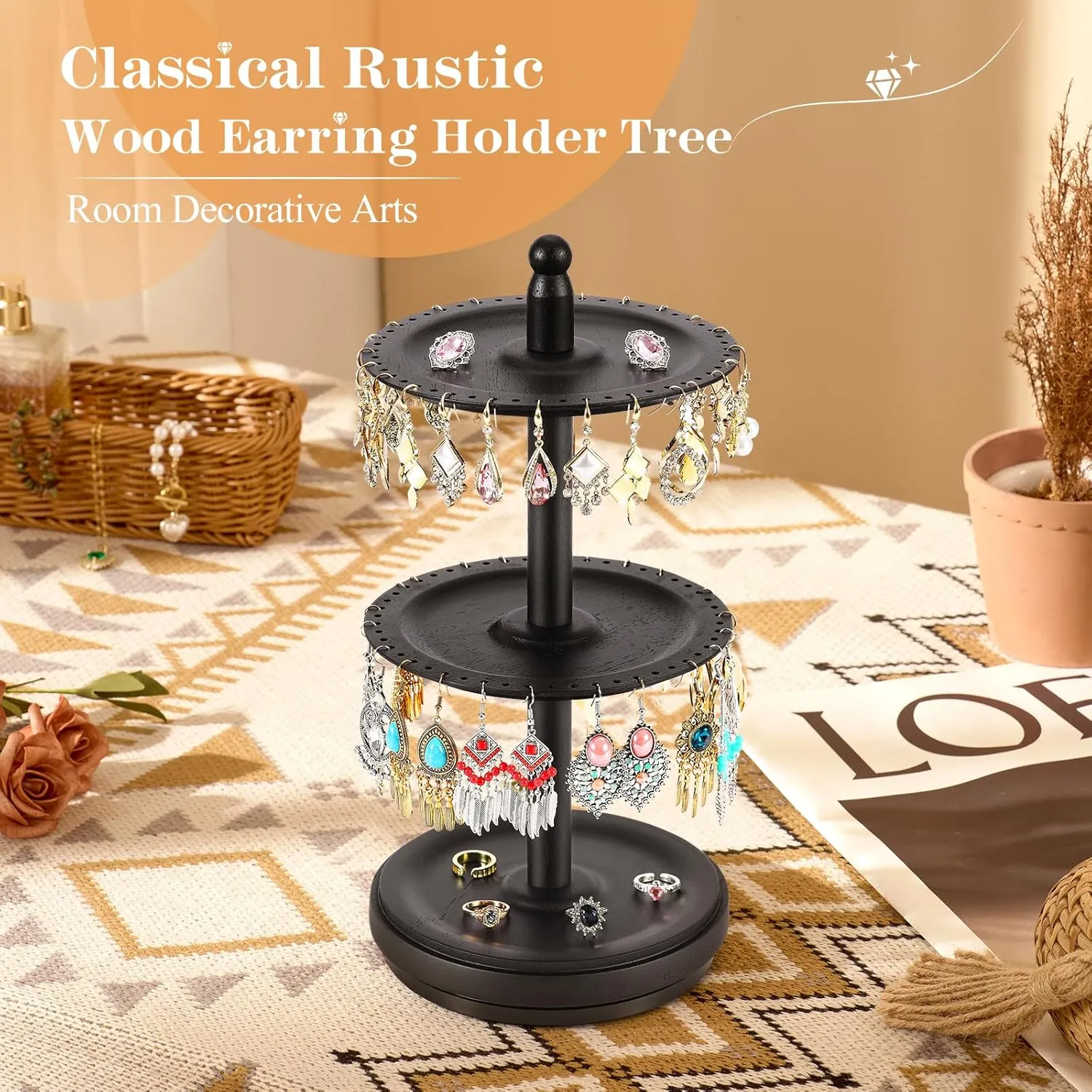 Earring Holder Organizer, Rotating Solid Wood Earring Organizer Stand for Women Girls, 3-Tier Jewelry Holder Tree With 102 Holes for Display, Gifts for Her (Black)
