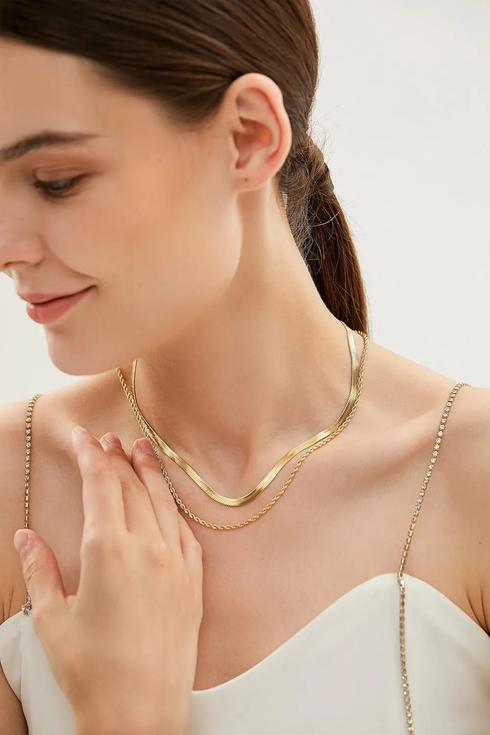 EASYHAUTE 14K Gold/Silver Plated Snake Chain Herringbone Necklace Hypoallergenic Dainty Choker Waterproof Jewelry Gift for Women Girl 3/4/5MM(W) 14"/16"/18"/20"(L)