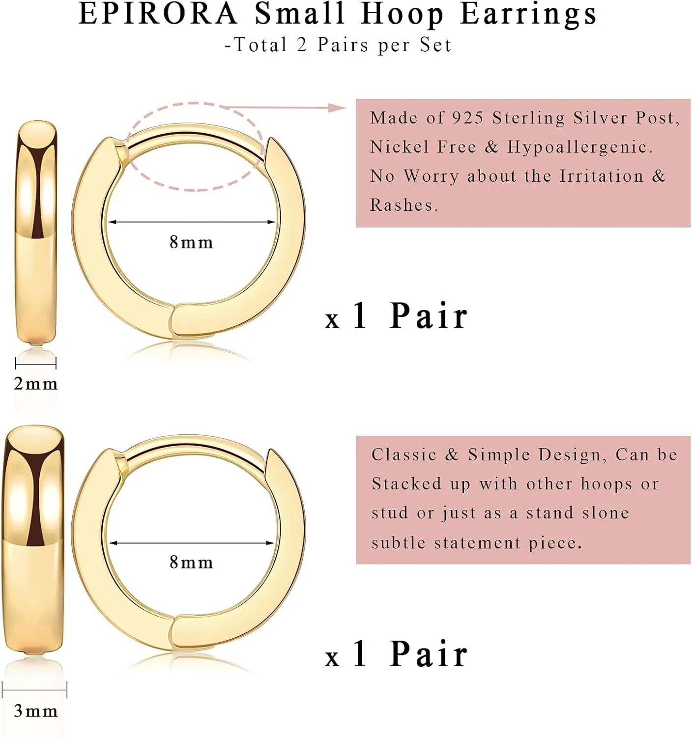 EPIRORA Small Cartilage hoop earrings for men & women- 4 pairs 8mm Mini Silver Huggie hoop earrings, 2mm/3mm in Width
