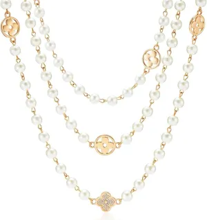 Extra Long Layered Pearl Necklace for Women - Adjustable 8MM Simulated Shell Pearls Multi-Wrap Chain, 3-Tier Dainty Jewelry for Daily Stacking, Party Outfits & Christmas Gifts