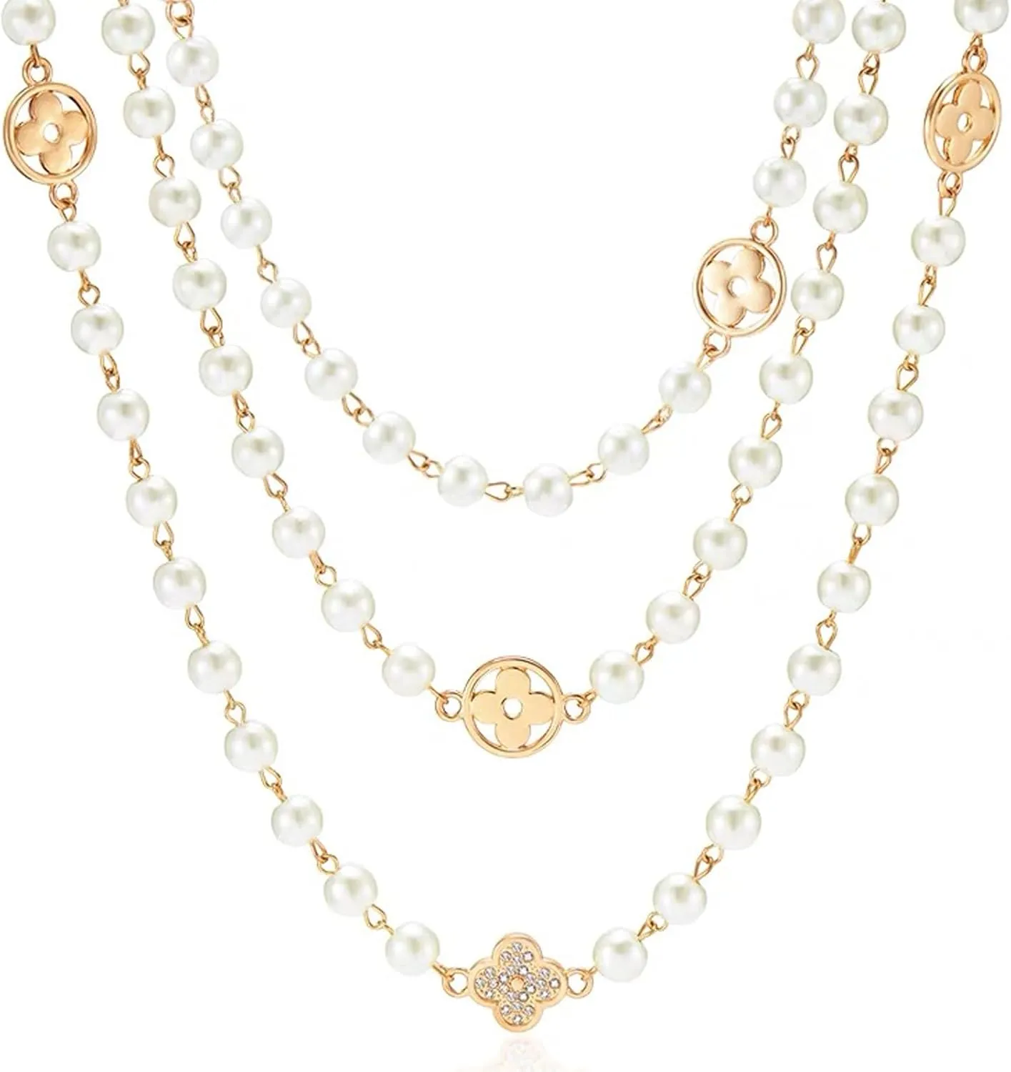 Extra Long Layered Pearl Necklace for Women - Adjustable 8MM Simulated Shell Pearls Multi-Wrap Chain, 3-Tier Dainty Jewelry for Daily Stacking, Party Outfits & Christmas Gifts