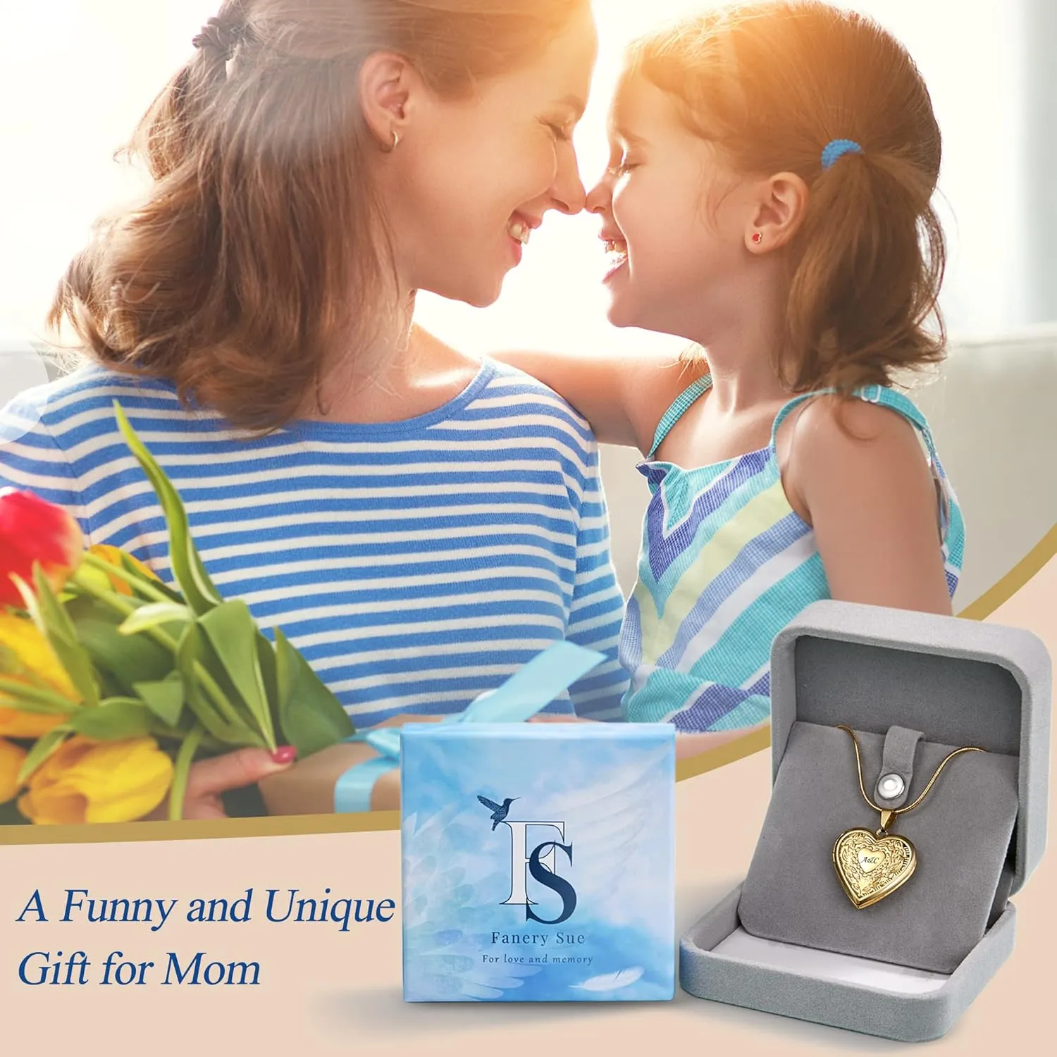 Fanery Sue Heart Locket Necklace That Holds Pictures,Picture Pendant Custom Locket Jewelry Gifts for Women