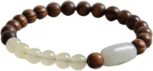 Feng Shui Wealth Bracelet Chinese Wood Bracelet Sandalwood Hetian Nephrite Jade Carnelian Multi-Gem Buddhist Healing Crystal Bracelet Chakra Gems Buddhist Prayer Meditation Bracelet Prosperity,6mmWood