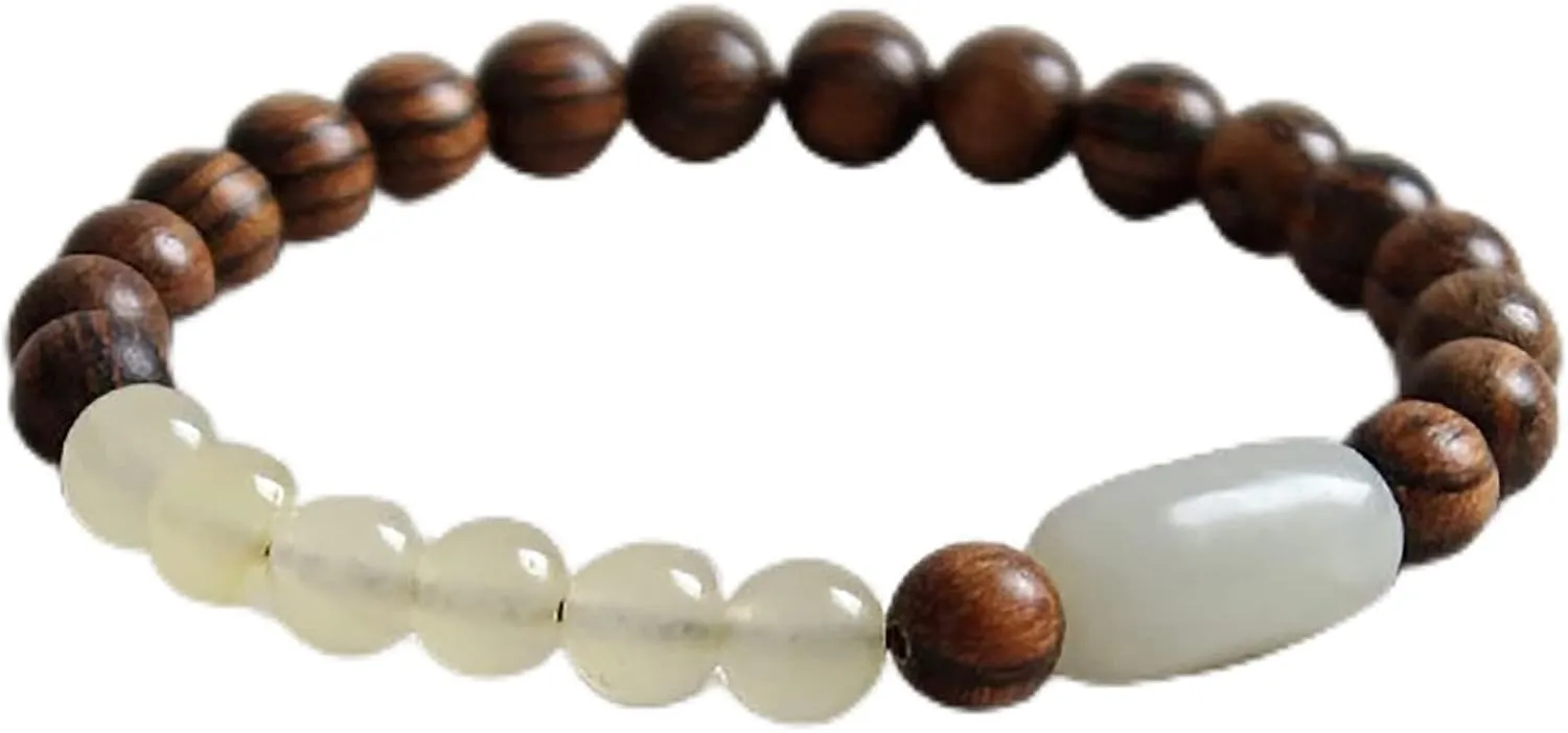 Feng Shui Wealth Bracelet Chinese Wood Bracelet Sandalwood Hetian Nephrite Jade Carnelian Multi-Gem Buddhist Healing Crystal Bracelet Chakra Gems Buddhist Prayer Meditation Bracelet Prosperity,6mmWood