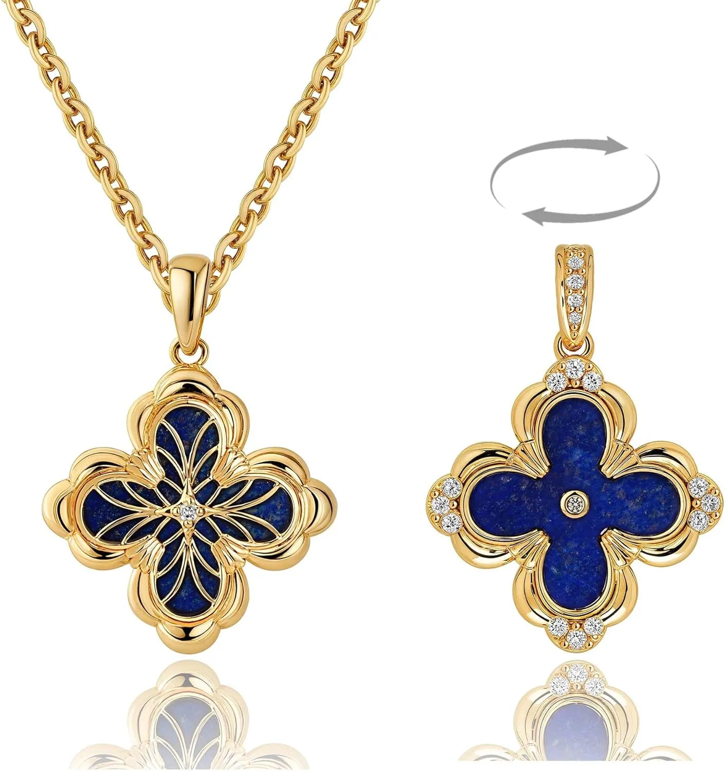 Fettero Dainty Gold Necklace for Women - Double Sided Pendant Necklace 14K Gold Plated Charm Clover Necklace Jewelry for Valentine's Day