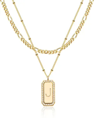 Fettero Gold Layered Initial Necklace for Women 14K Gold Plated Letter Necklace Dainty Gold Name Necklace Chain Choker Personalized Initial Tag Pendant Necklace for Women Trendy Gold Jewelry Gift