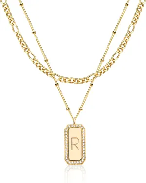 Fettero Gold Layered Initial Necklace for Women 14K Gold Plated Letter Necklace Dainty Gold Name Necklace Chain Choker Personalized Initial Tag Pendant Necklace for Women Trendy Gold Jewelry Gift