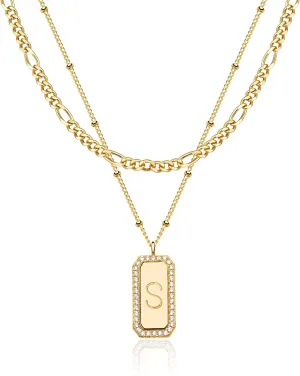 Fettero Gold Layered Initial Necklace for Women 14K Gold Plated Letter Necklace Dainty Gold Name Necklace Chain Choker Personalized Initial Tag Pendant Necklace for Women Trendy Gold Jewelry Gift