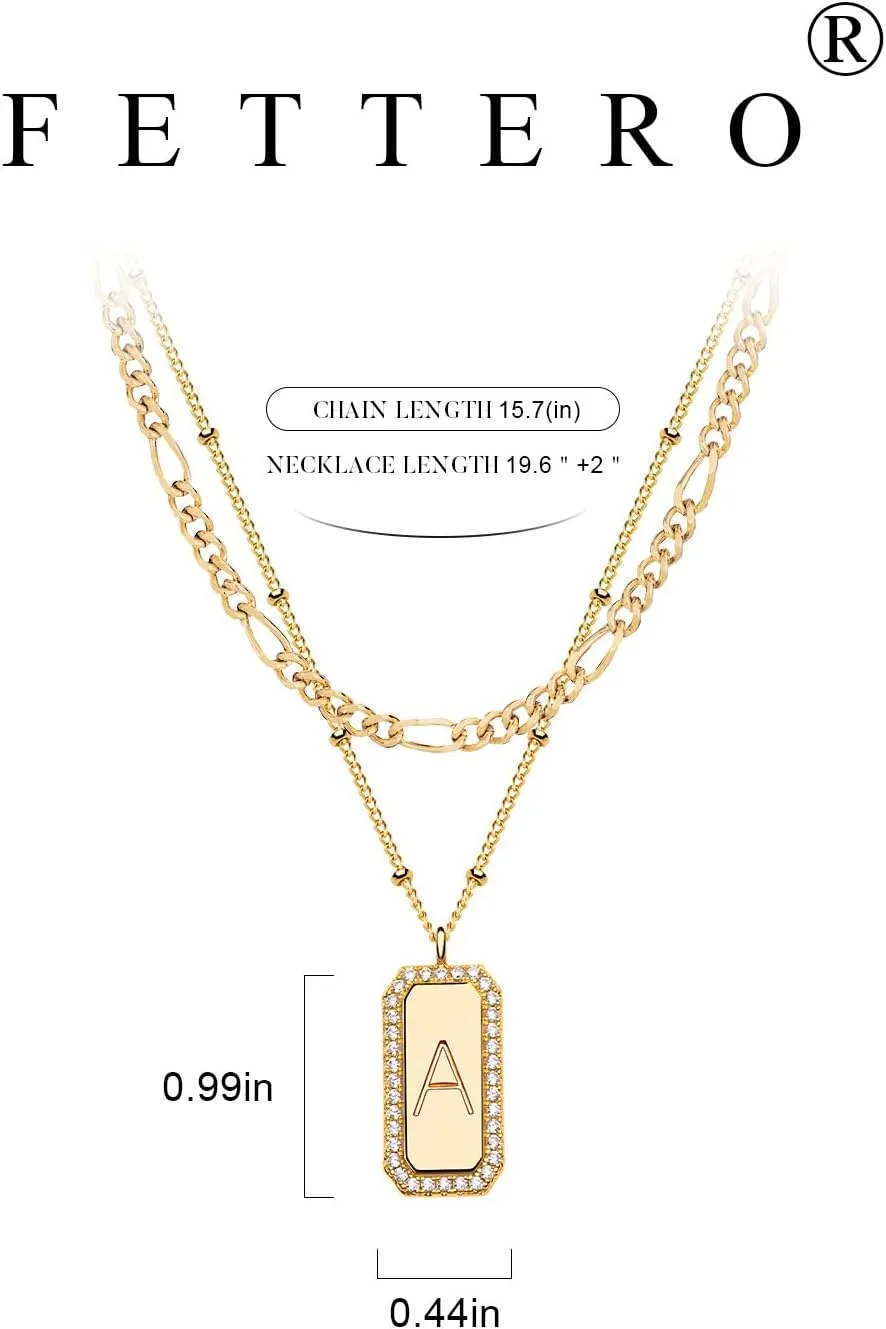 Fettero Gold Layered Initial Necklace for Women 14K Gold Plated Letter Necklace Dainty Gold Name Necklace Chain Choker Personalized Initial Tag Pendant Necklace for Women Trendy Gold Jewelry Gift