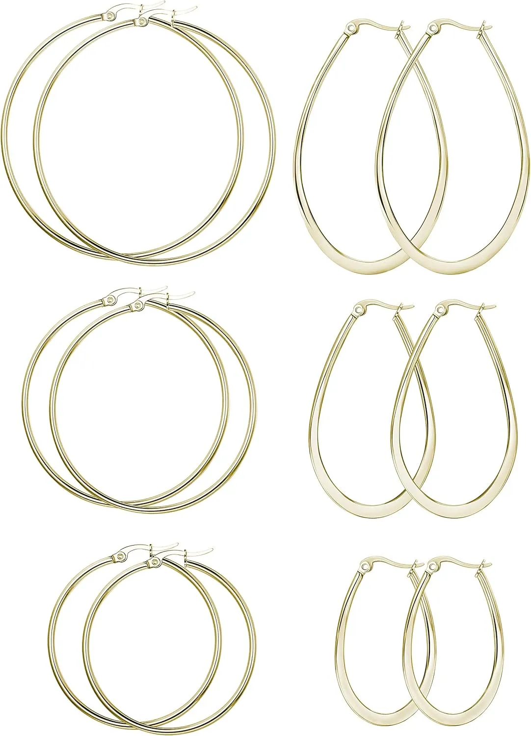 FIBO STEEL 3-8 Pairs Stainless Steel Hoop Earrings Set for Women 40-70mm