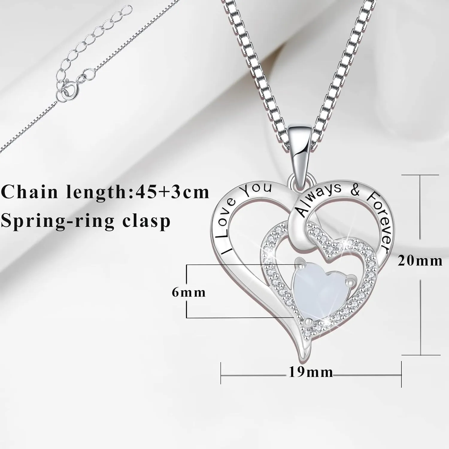 Fire Opal Necklace for Women 925 Sterling Silver Heart Birthstone Necklace 3A CZ Engraved with I Love You Always & Forever Pendant Necklace Jewelry s for Mom Grandma Granddaughter Wife