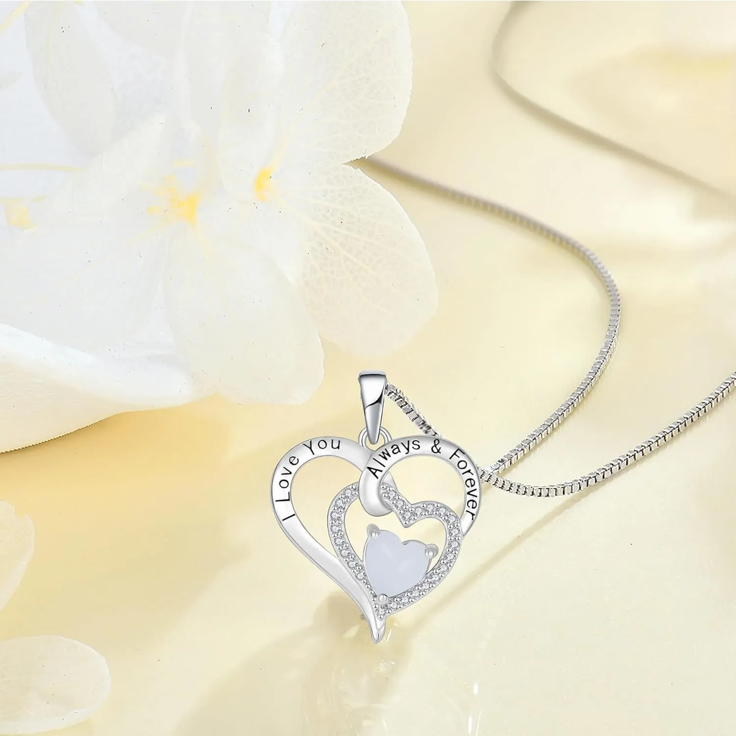 Fire Opal Necklace for Women 925 Sterling Silver Heart Birthstone Necklace 3A CZ Engraved with I Love You Always & Forever Pendant Necklace Jewelry s for Mom Grandma Granddaughter Wife