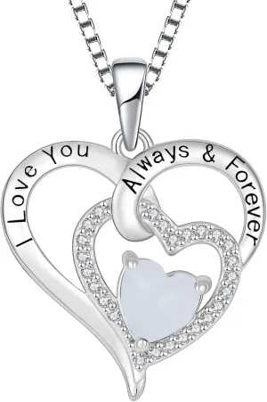 Fire Opal Necklace for Women 925 Sterling Silver Heart Birthstone Necklace 3A CZ Engraved with I Love You Always & Forever Pendant Necklace Jewelry s for Mom Grandma Granddaughter Wife