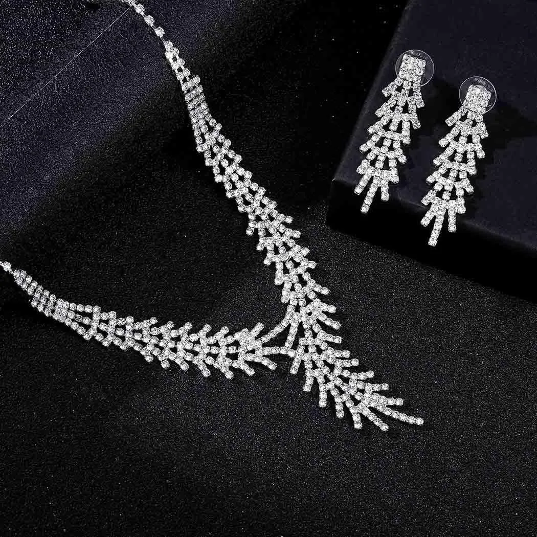 Floral Layered Bridal Necklace Set Rhinestone Wedding Jewelry Set Silver Waterproof Jewelry Set for Brides
