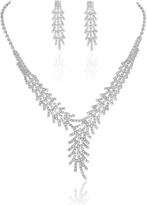 Floral Layered Bridal Necklace Set Rhinestone Wedding Jewelry Set Silver Waterproof Jewelry Set for Brides