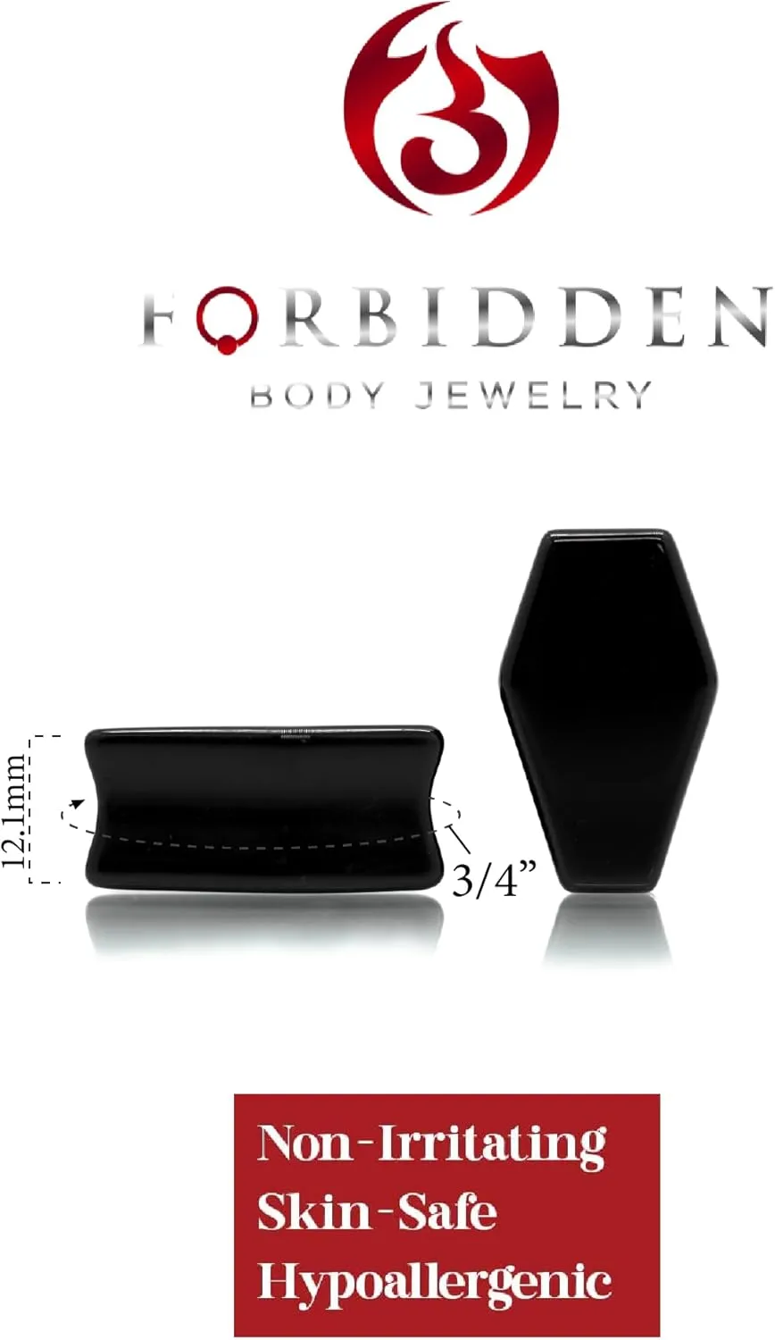 Forbidden Body Jewelry Natural Obsidian Black Stone Coffin Shaped Double Flare Plugs, Gauges, Tunnels