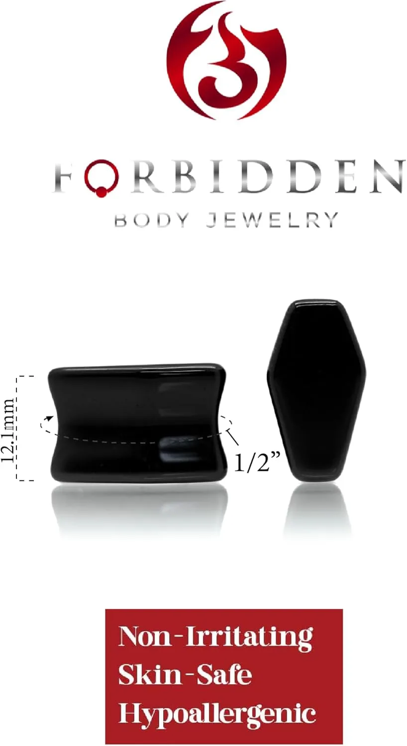 Forbidden Body Jewelry Natural Obsidian Black Stone Coffin Shaped Double Flare Plugs, Gauges, Tunnels