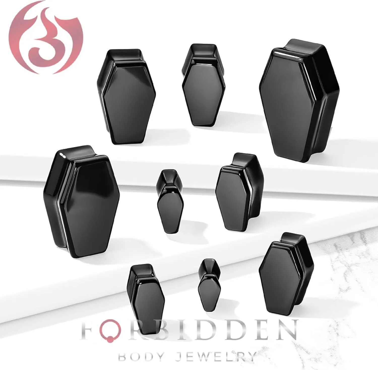 Forbidden Body Jewelry Natural Obsidian Black Stone Coffin Shaped Double Flare Plugs, Gauges, Tunnels