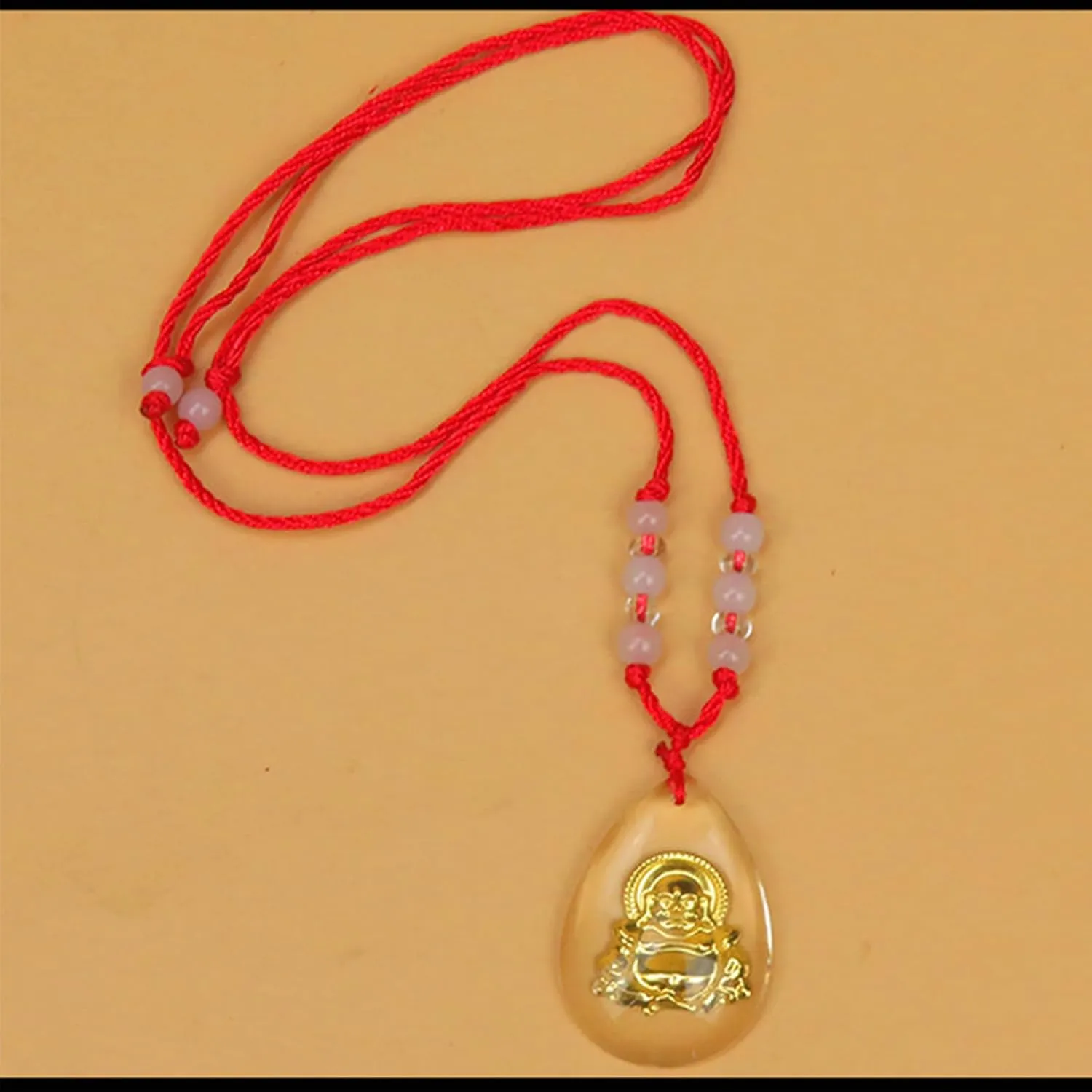 FORUBUS Green Jade Buddha Circle Red String Pendant Necklace - Chinese Traditional Amulet for Luck and Protection