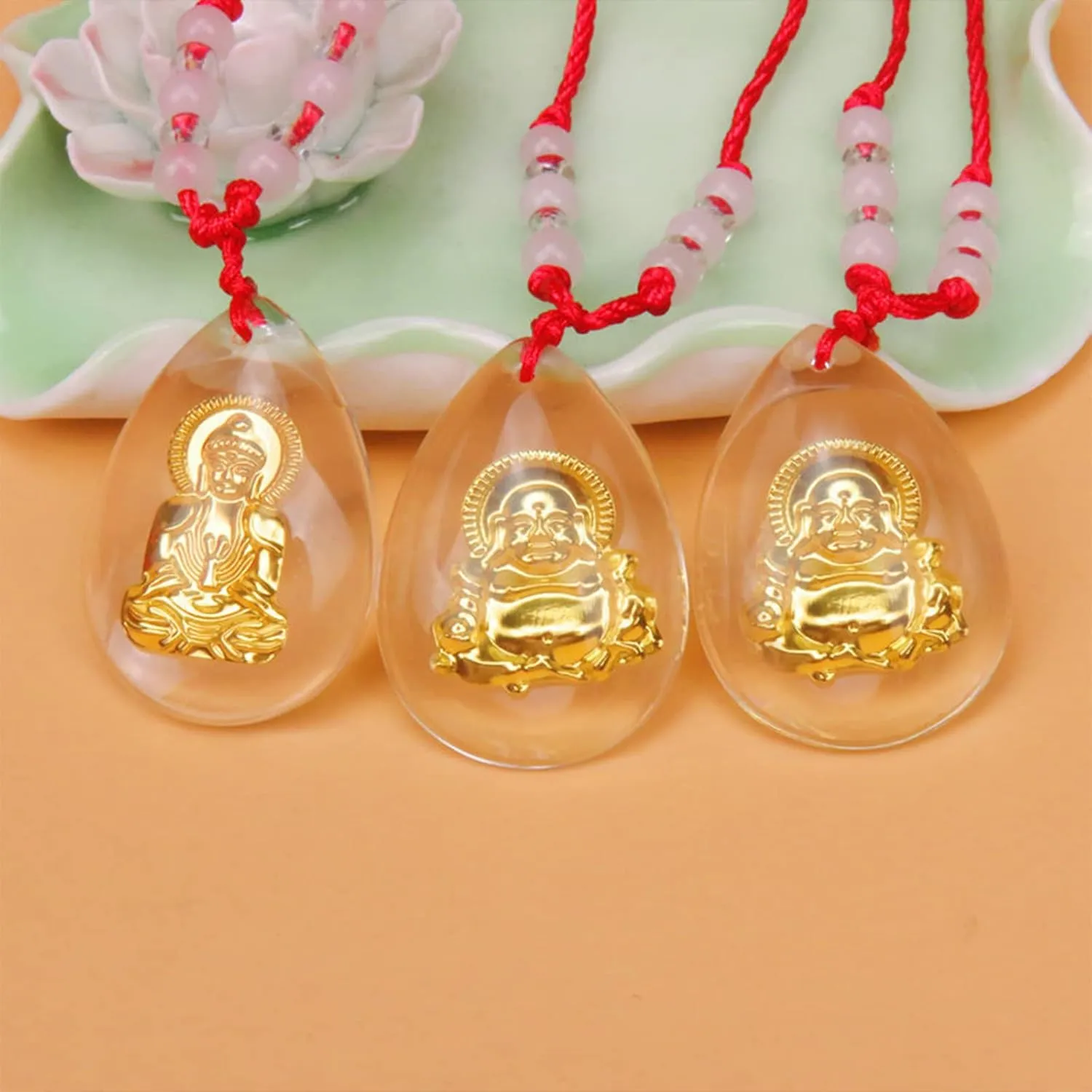 FORUBUS Green Jade Buddha Circle Red String Pendant Necklace - Chinese Traditional Amulet for Luck and Protection