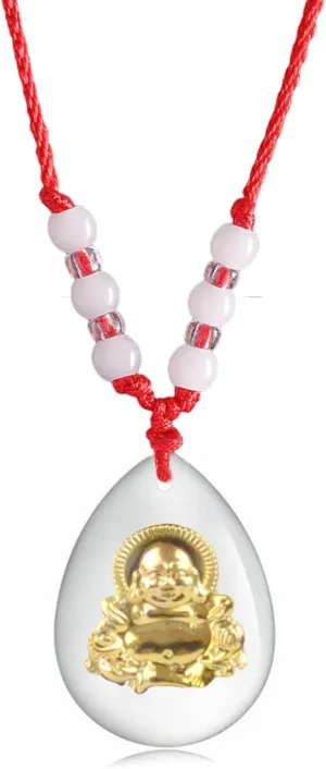 FORUBUS Green Jade Buddha Circle Red String Pendant Necklace - Chinese Traditional Amulet for Luck and Protection