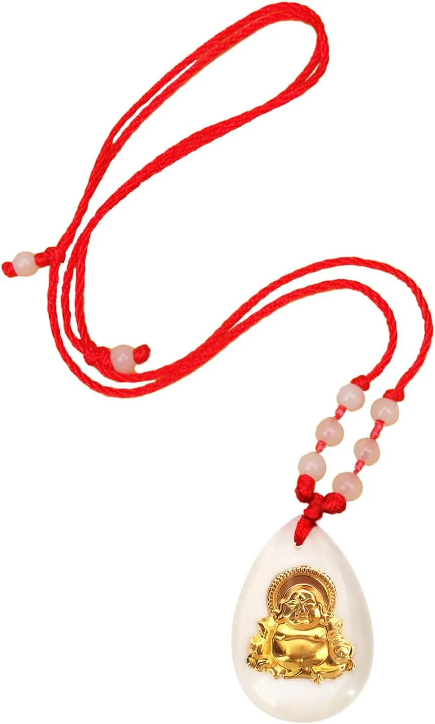 FORUBUS Green Jade Buddha Circle Red String Pendant Necklace - Chinese Traditional Amulet for Luck and Protection
