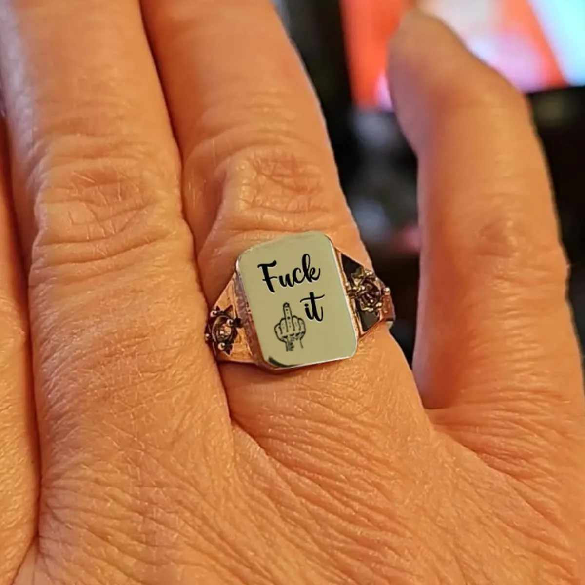 FUCK IT Ring,Square Stackable Statement Letter Ring,Engraved Inspirational Handmade Alloy Ring,Suitable for Women Men