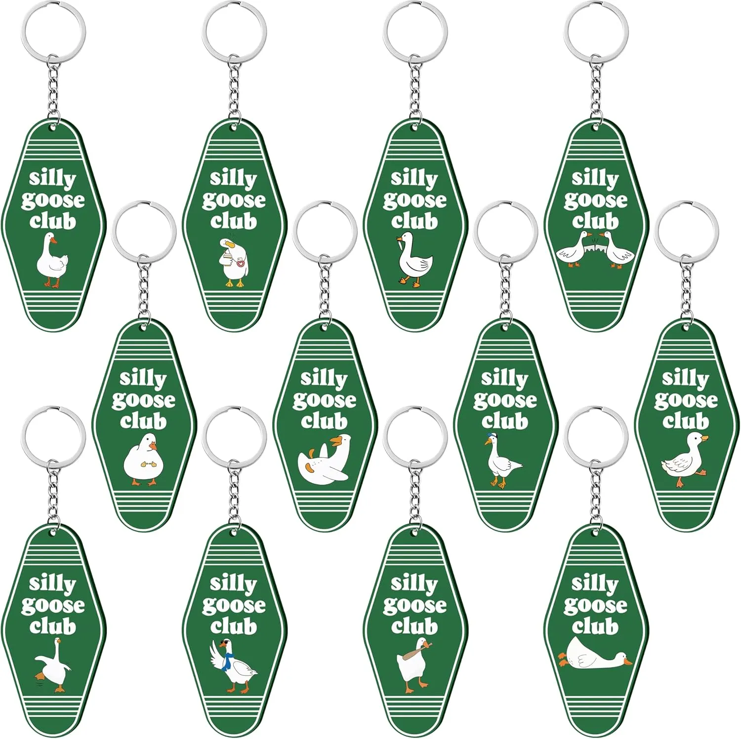 Funny Goose Keychain - 12Pcs Green Vintage Hotel Key Tag Keychain Cute Goose Keyring Cartoon Animal Hanging Ornament Adult Kid Birthday Gift White Elephant Gift Party Favor Bag Filler Supply