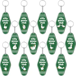 Funny Goose Keychain - 12Pcs Green Vintage Hotel Key Tag Keychain Cute Goose Keyring Cartoon Animal Hanging Ornament Adult Kid Birthday Gift White Elephant Gift Party Favor Bag Filler Supply