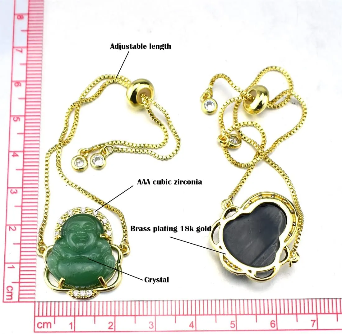 Fuqimanman2020 18K Gold Plated Laughing Buddha Link Bracelet Pendant Jade Natural Stone Cubic Zirconia Crystal Adjustable Lucky Gemstone Amulet Protection Jewelry for Women Men