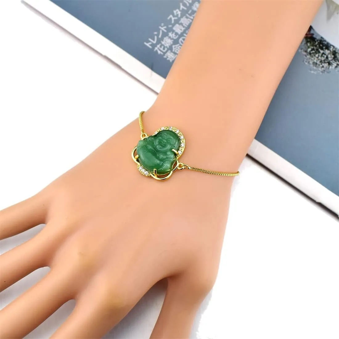 Fuqimanman2020 18K Gold Plated Laughing Buddha Link Bracelet Pendant Jade Natural Stone Cubic Zirconia Crystal Adjustable Lucky Gemstone Amulet Protection Jewelry for Women Men