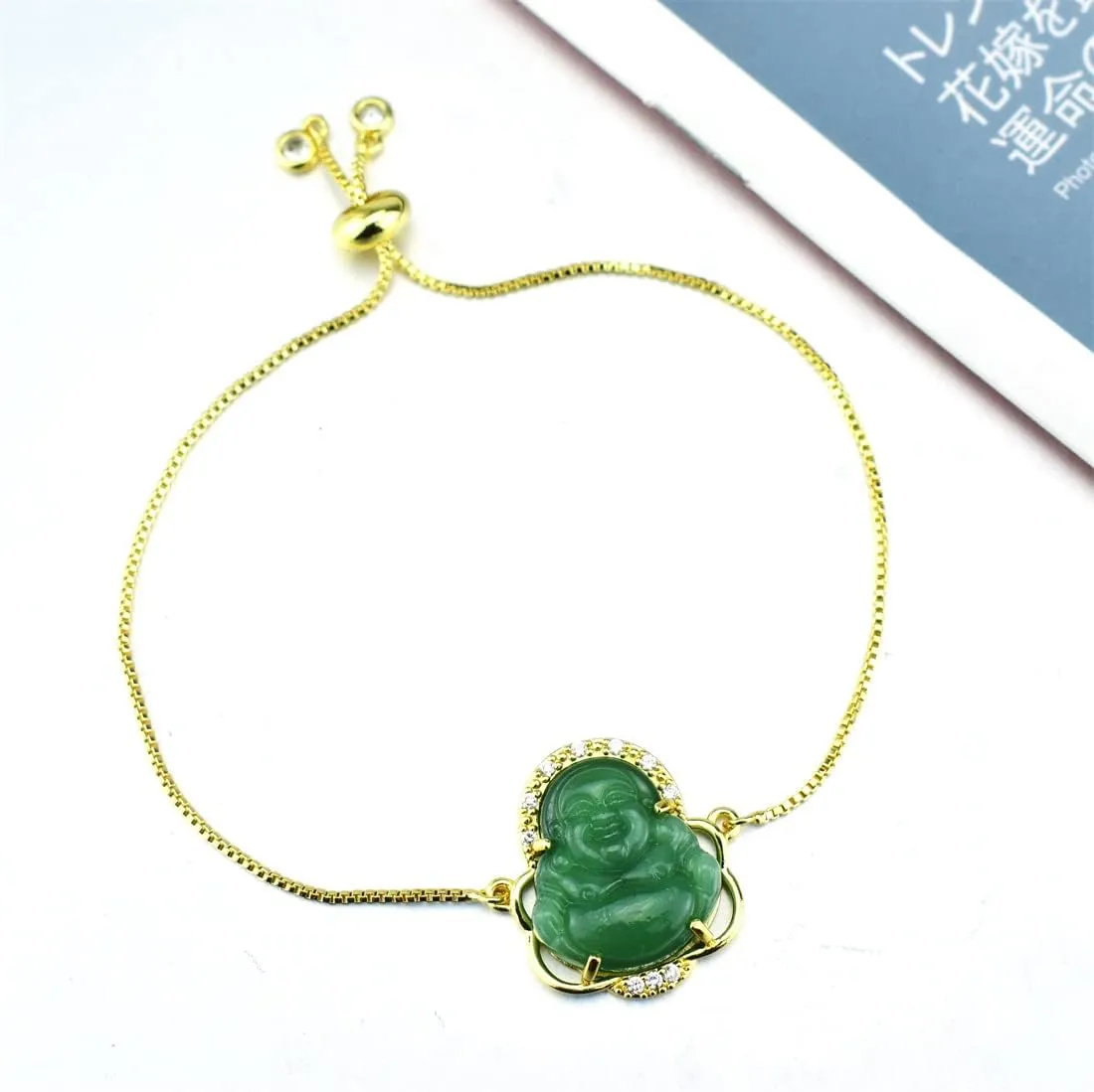 Fuqimanman2020 18K Gold Plated Laughing Buddha Link Bracelet Pendant Jade Natural Stone Cubic Zirconia Crystal Adjustable Lucky Gemstone Amulet Protection Jewelry for Women Men