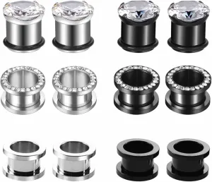 Gauge Tunnels, 12PCS Stainless Steel Ear Plugs Silver Black Hoop with Cubic Zirconia Ear Gauges 00G Body Piercings Jewelry