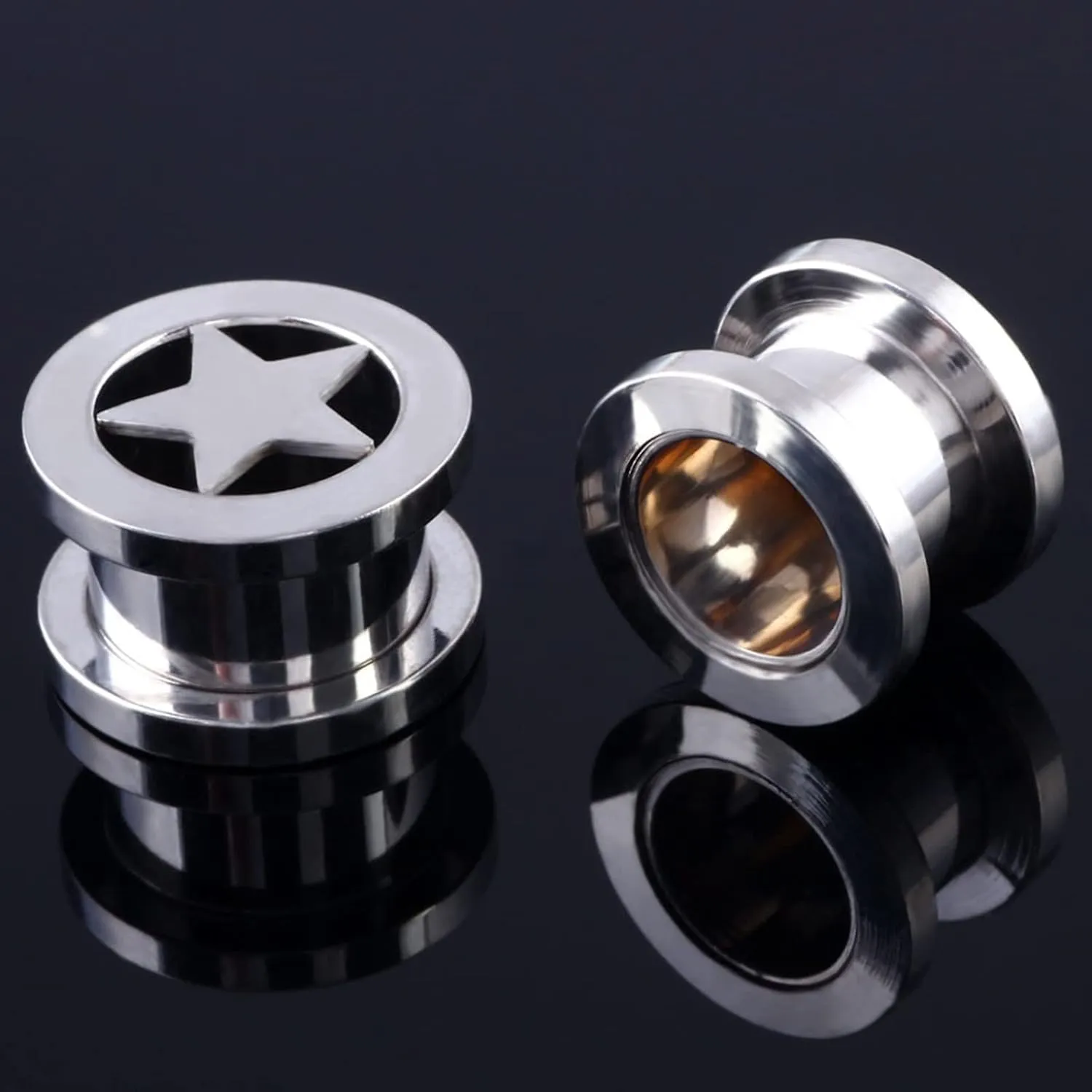 Gauge Tunnels, 2PCS Stainless Steel Tunnels For Ears Star Pattern Ear Gauges 00G Piercing Jewelry Set