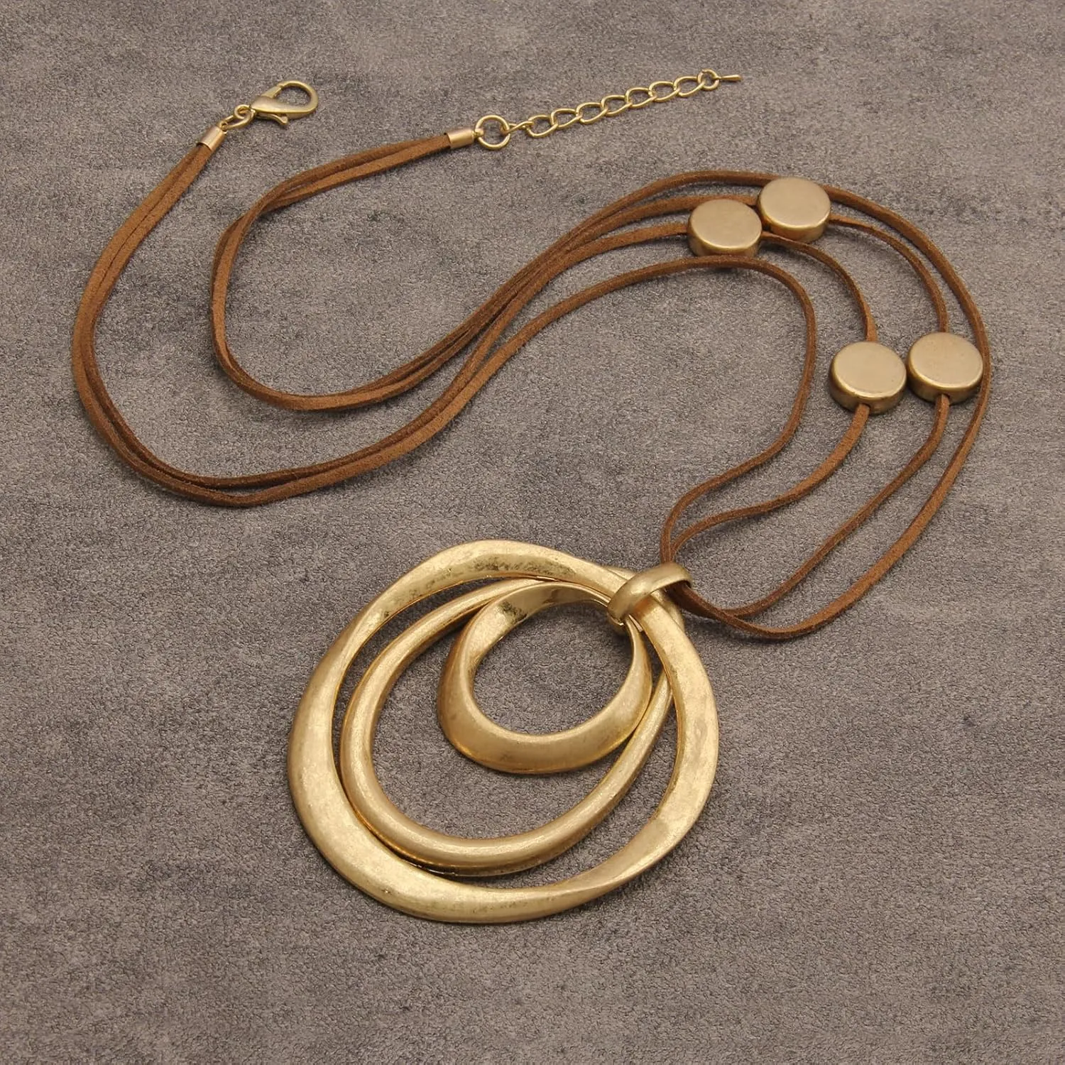 GelConnie Leather Necklace for Women Large Pendant Long Brown Necklace Circle Leather Choker Vintage Sweater Necklace Gold Chunky Boho Necklaces for Women