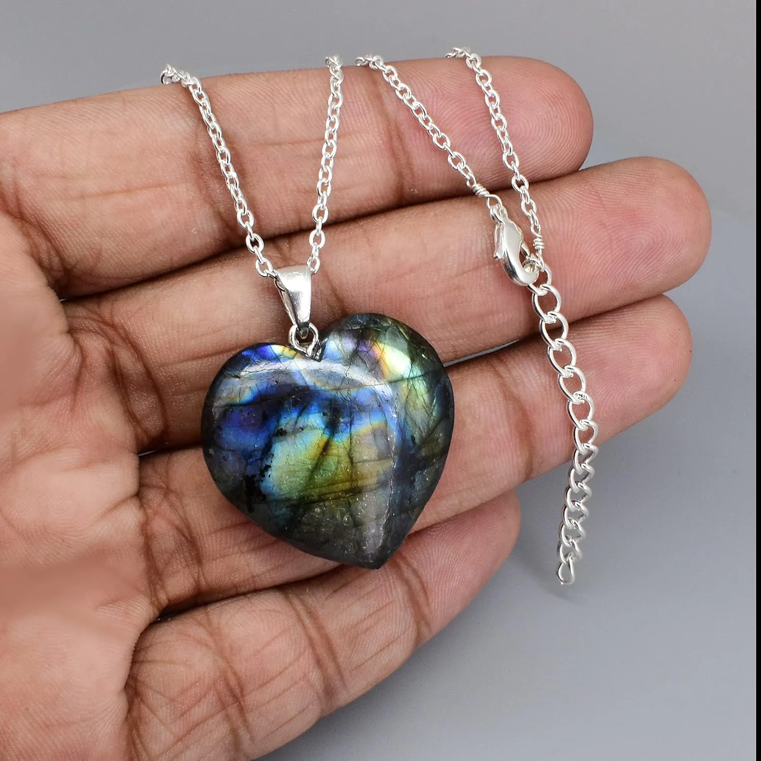Gempires Labradorite Heart Pendant Necklace, Labradorite Pendant 1.25 Inch Heart Crystal Necklace Labradorite Jewelry Silver Plated 20 inches Adjustable Chain