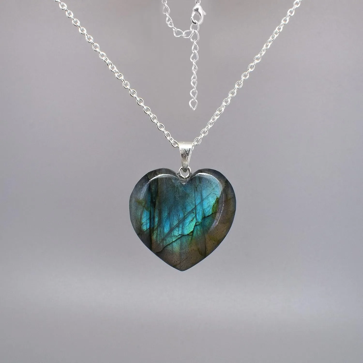 Gempires Labradorite Heart Pendant Necklace, Labradorite Pendant 1.25 Inch Heart Crystal Necklace Labradorite Jewelry Silver Plated 20 inches Adjustable Chain