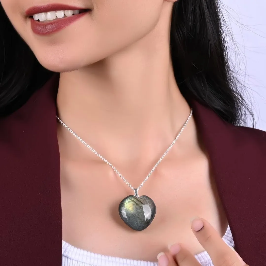 Gempires Labradorite Heart Pendant Necklace, Labradorite Pendant 1.25 Inch Heart Crystal Necklace Labradorite Jewelry Silver Plated 20 inches Adjustable Chain