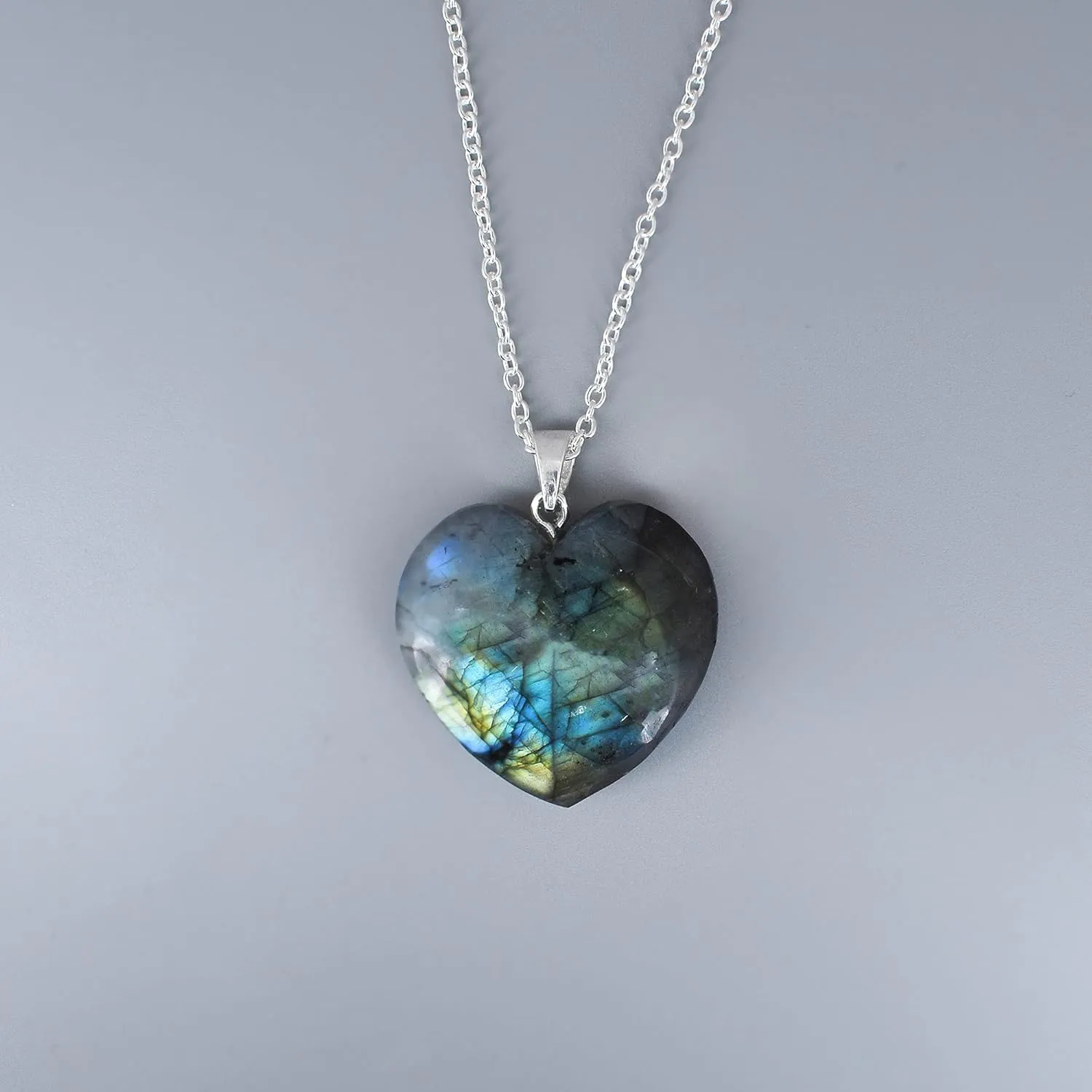 Gempires Labradorite Heart Pendant Necklace, Labradorite Pendant 1.25 Inch Heart Crystal Necklace Labradorite Jewelry Silver Plated 20 inches Adjustable Chain