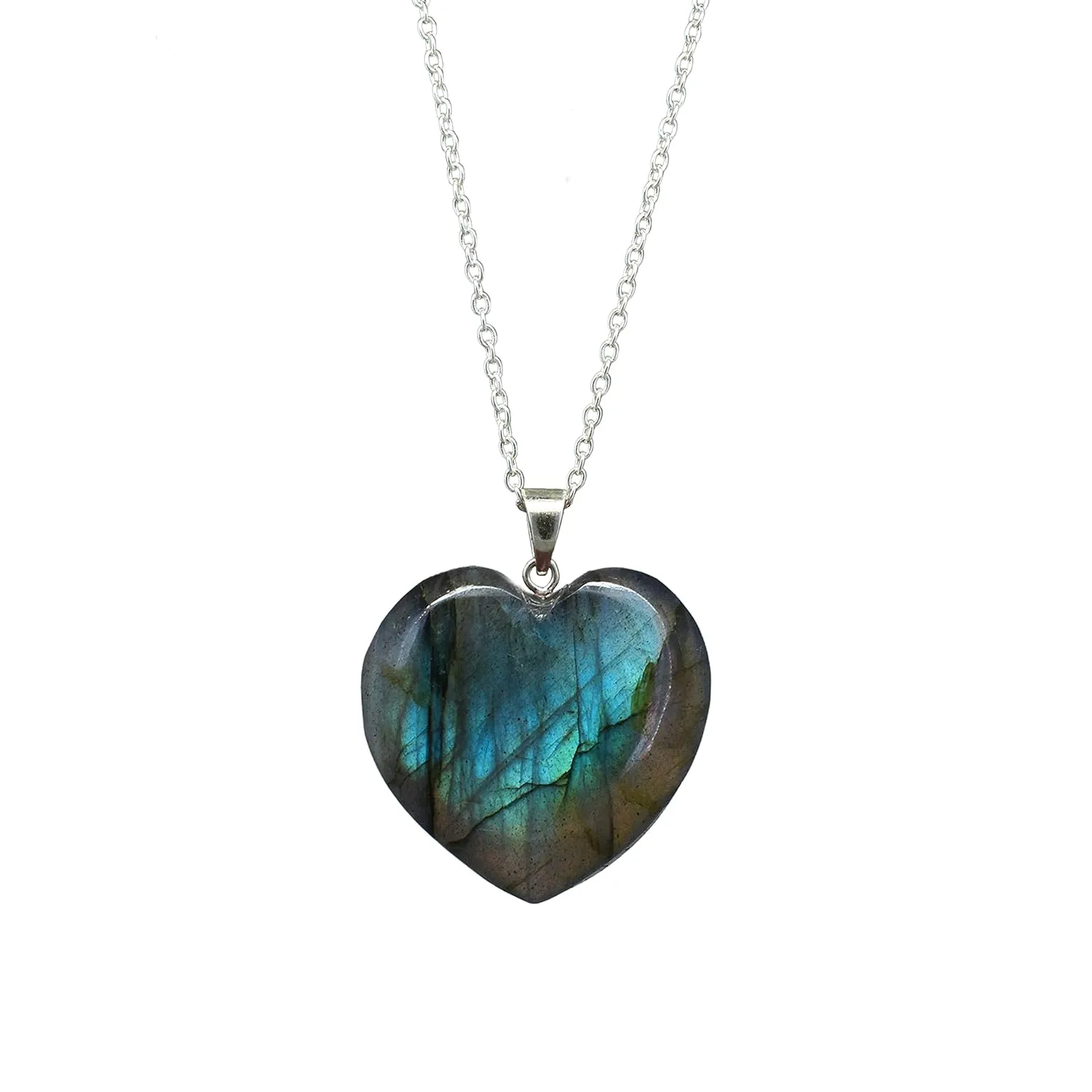Gempires Labradorite Heart Pendant Necklace, Labradorite Pendant 1.25 Inch Heart Crystal Necklace Labradorite Jewelry Silver Plated 20 inches Adjustable Chain