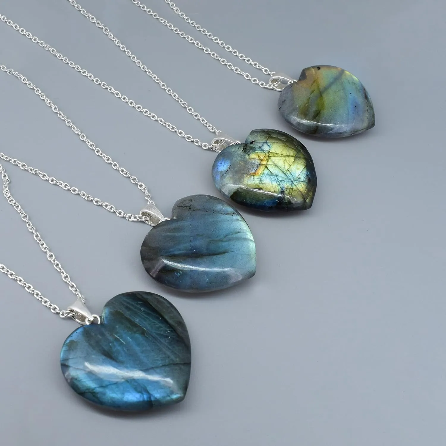 Gempires Labradorite Heart Pendant Necklace, Labradorite Pendant 1.25 Inch Heart Crystal Necklace Labradorite Jewelry Silver Plated 20 inches Adjustable Chain