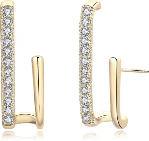 Geometric Hoop Earrings, Pave Link Hoop Earrings for Women, 14K Gold Plated Cubic Zirconia Rectangular Earrings, Minimalist Earrings, Trendy Gifts for Her