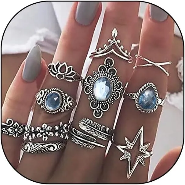 GIGB PBDK 11pcs Knuckle Joint Stacked Ring Set for Women, Sparkling Crystal Opal Rhinestone Finger Statement Ring, Vintage Silver Boho Midi Jewelry Gift