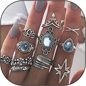 GIGB PBDK 11pcs Knuckle Joint Stacked Ring Set for Women, Sparkling Crystal Opal Rhinestone Finger Statement Ring, Vintage Silver Boho Midi Jewelry Gift