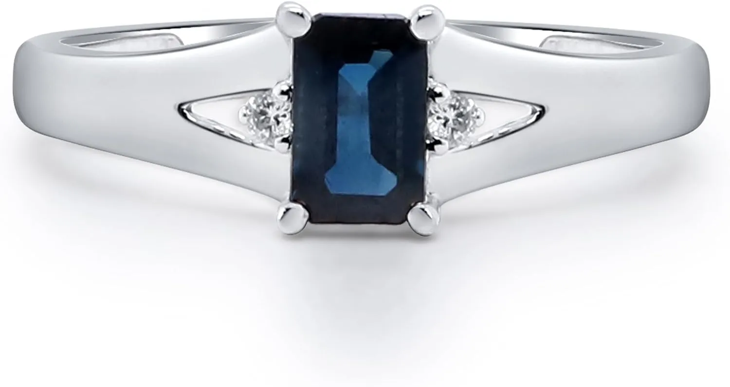 Gin & Garce 10K White Gold Genuine Blue Sapphire Ring with Diamonds for women | Ethically, authentically & organically sourced (Emerald) shaped Sapphire hand-crafted jewelry for her